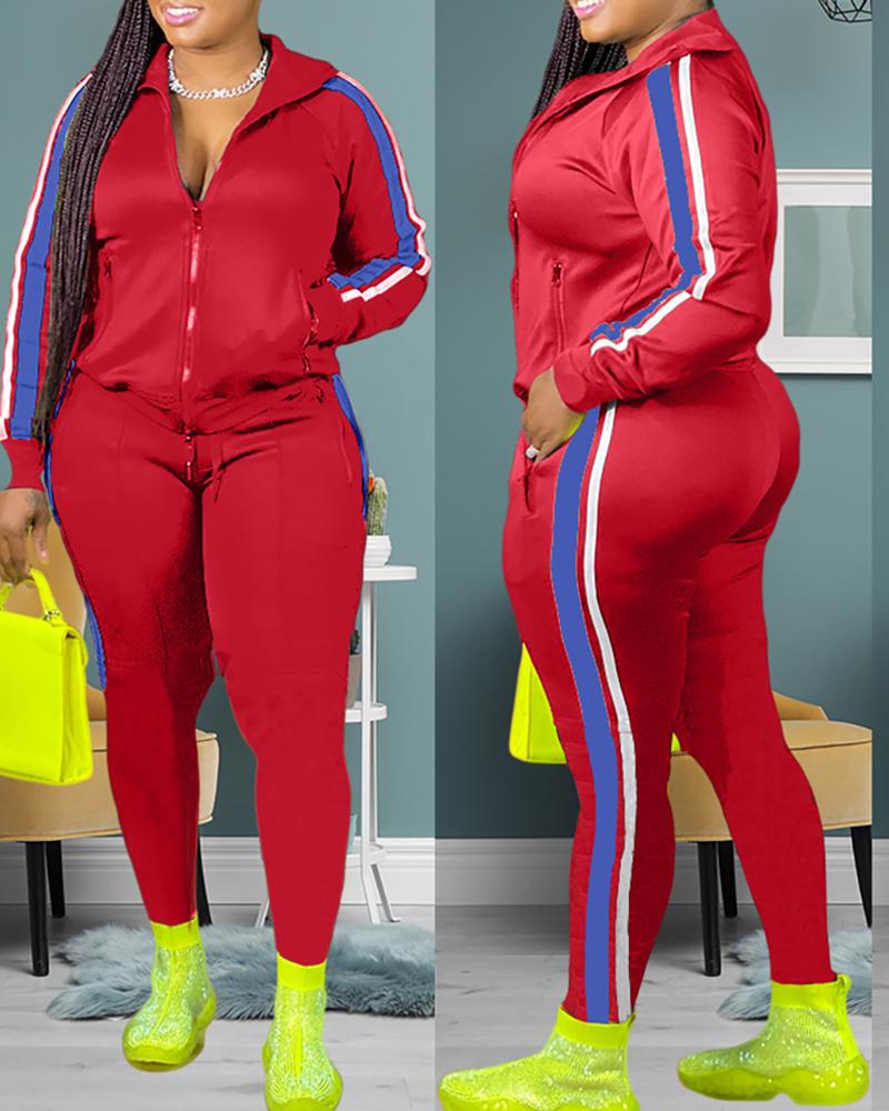 

Striped Colorblock Zip Top & Drawstring Pants Sets, Red