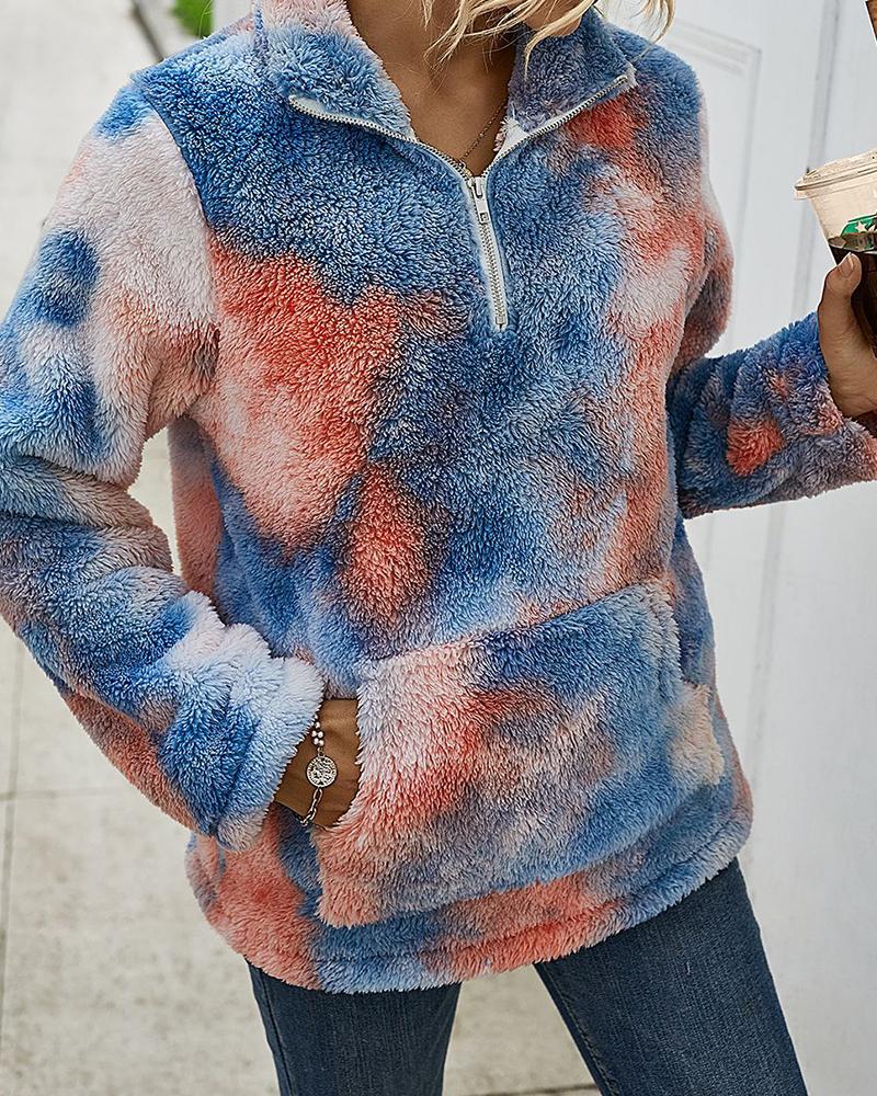 

Tie Dye Print Pocket Design Zip Teddy Sweatshirt, Blue