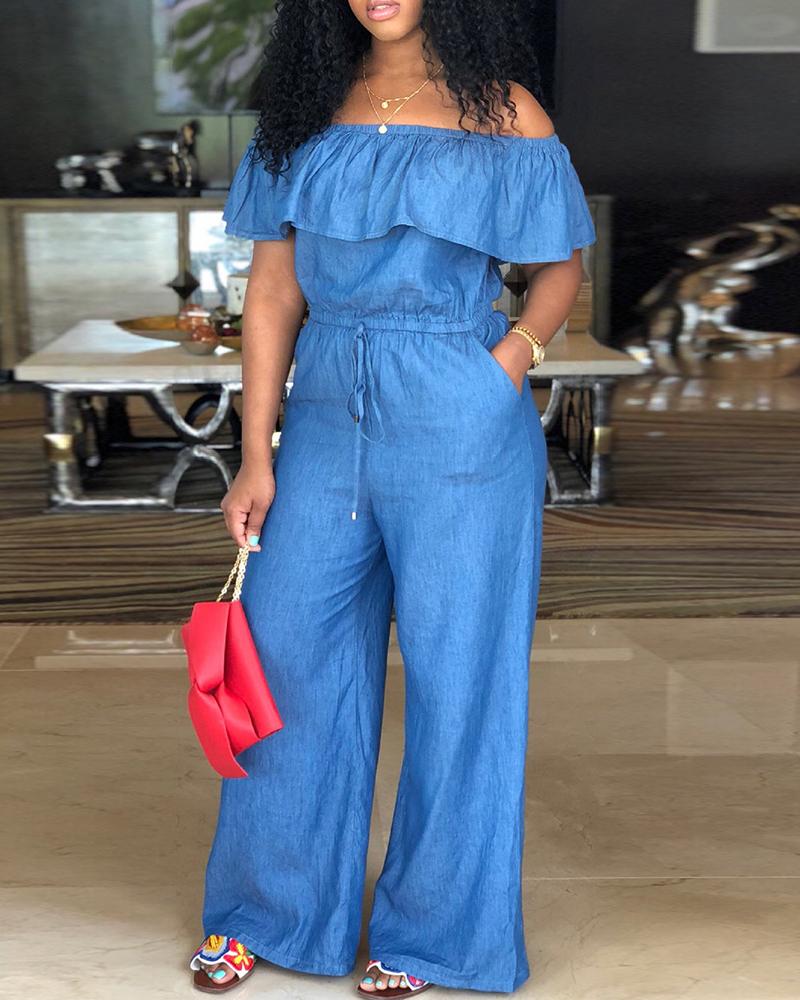 

Off Shoulder Drawstring Wide Leg Denim Jumpsuit, Blue