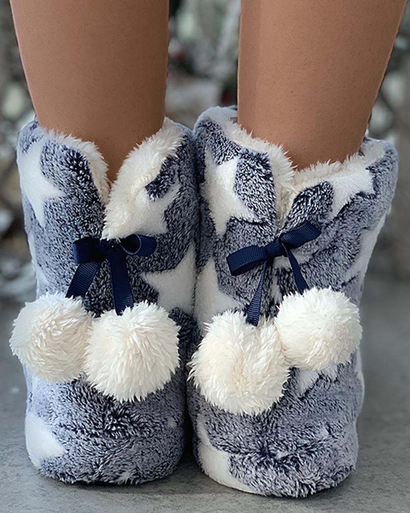 

Star Pattern Pom Pom Fluffy Indoor Boots, Gray