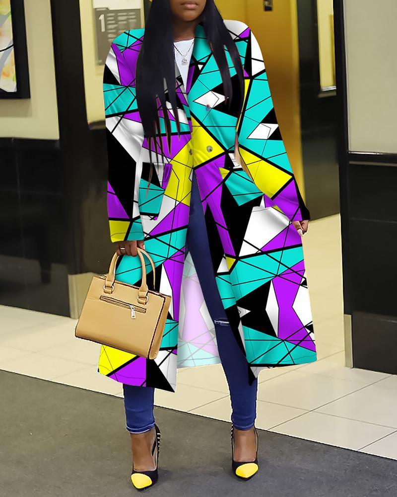 

Plus Size Geometry Print Colorblock Button Design Longline Coat, Blue