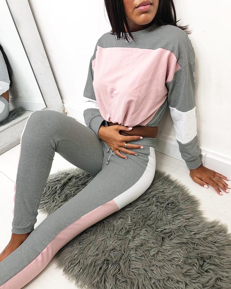 

Round Neck Colorblock Insert Top & Drawstring Pants Sets, Gray