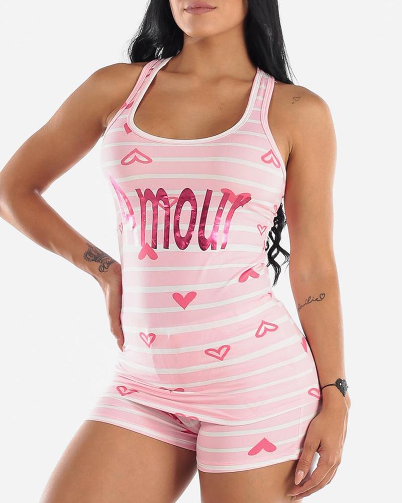 

Heart Letter Striped Print U Neck Tank & Pocket Design Shorts Set, Pink
