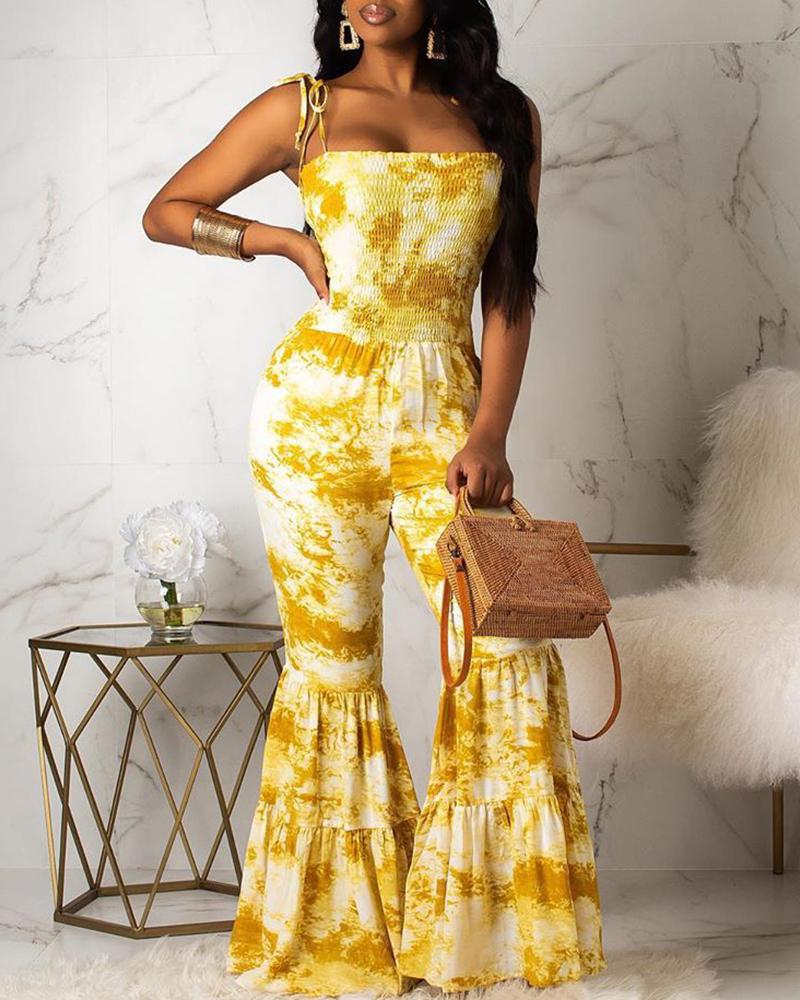 

Tie Dye Spaghetti Strap Bell-Bottom Jumpsuits, Yellow