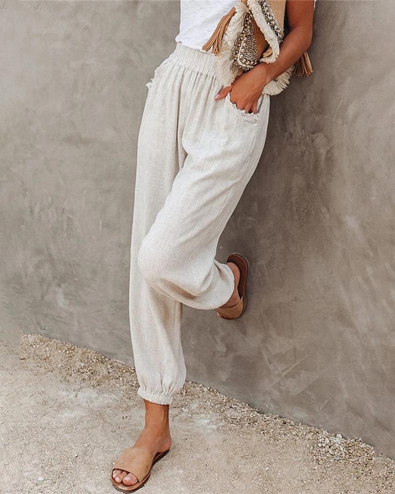 

Pocket Design High Waisted Cuffed Csual Pants, White