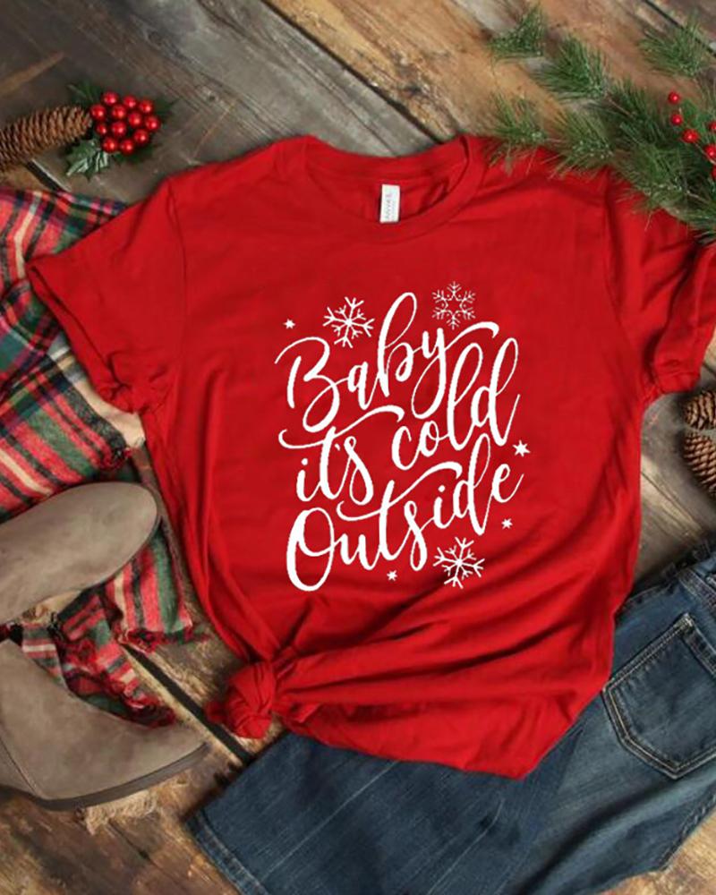 

Christmas Letter Print Short Sleeve Casual T-Shirt, Red