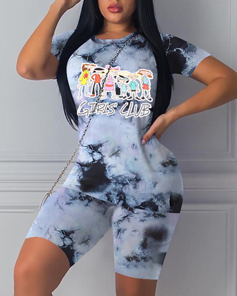 

Cartoon Tie Dye Print Round Neck Top & Shorts Set, Gray