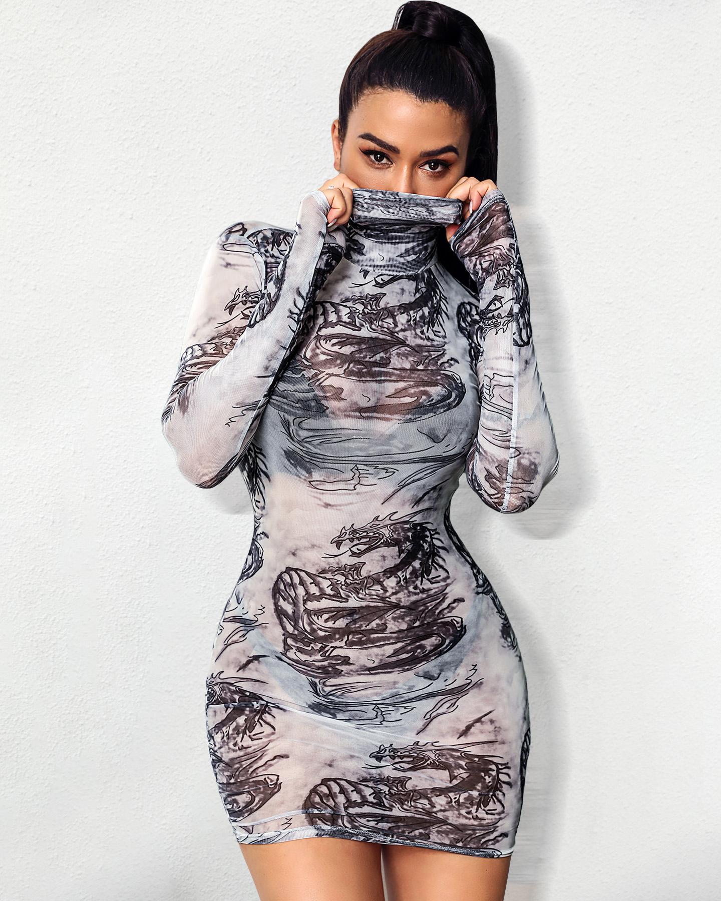 

High Neck Print Bodycon Dress, Gray