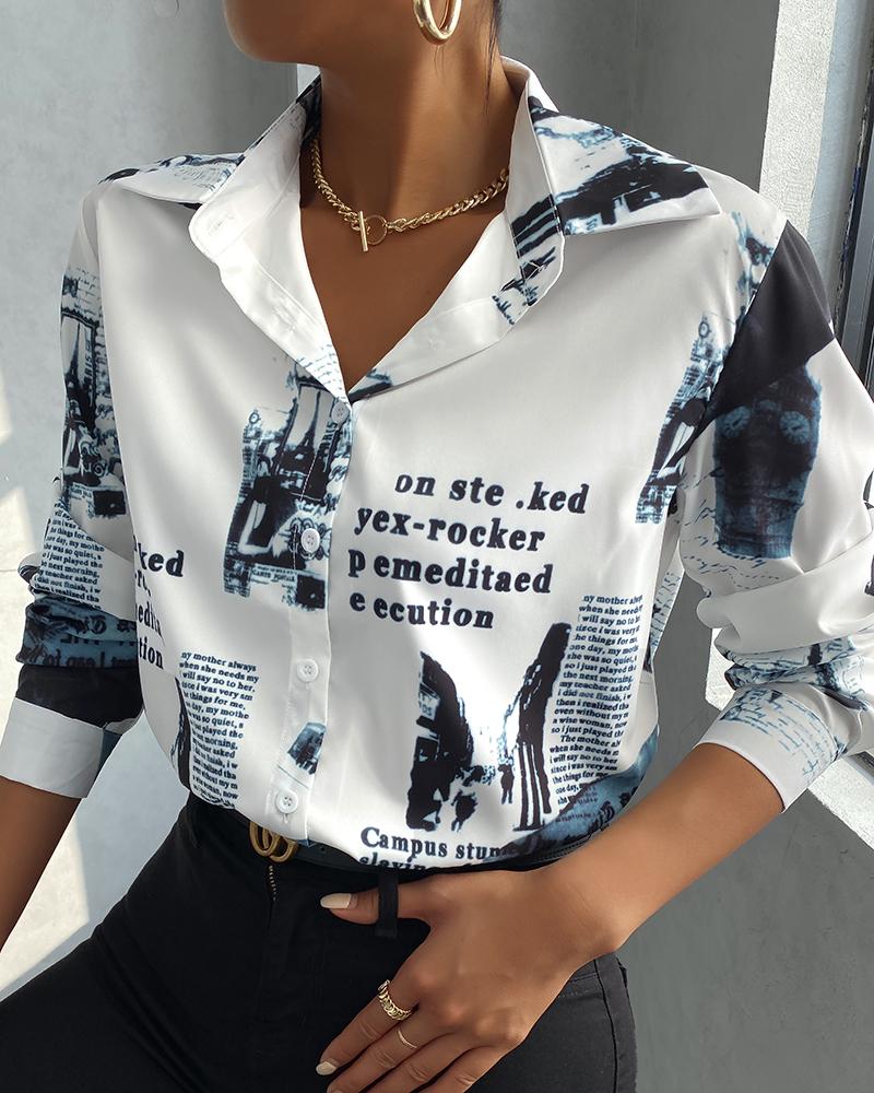 

Floral Print Long Sleeve Button-up Blouse, White
