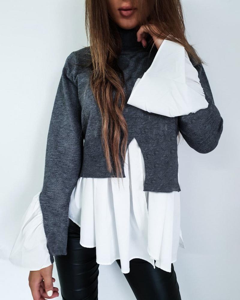 

Colorblock Insert Ruffles Long Sleeve Blouse, Gray