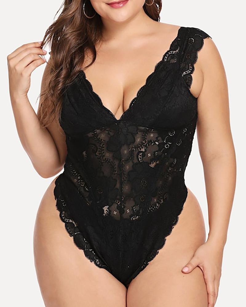 

Plus Size Floral Pattern Lace Trim Thick Strap Sheer Mesh Teddy, Black