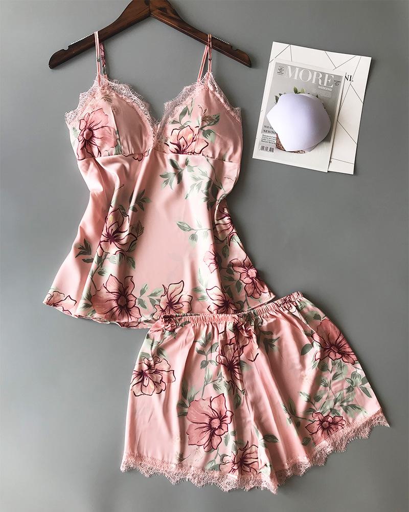 

Floral Print Lace Trim Cami Sets, Pink