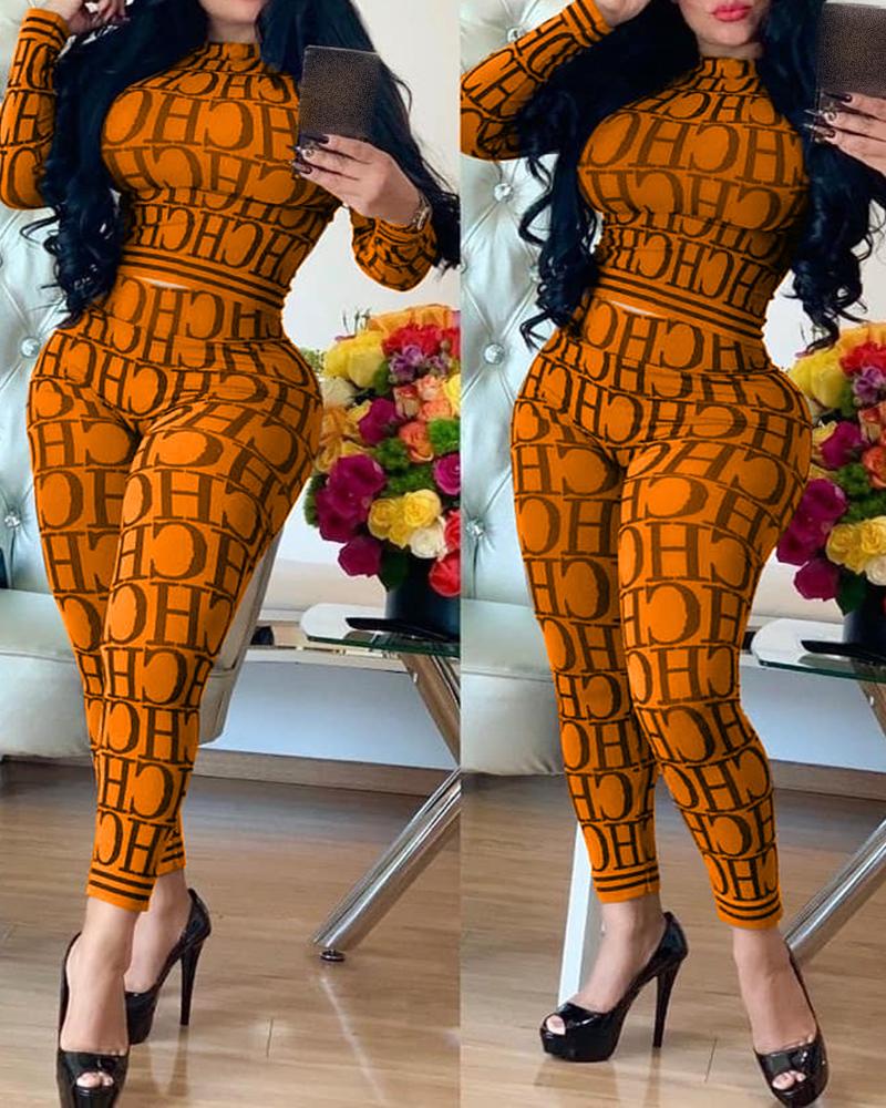 

Letter Print Long Sleeve Crop Top & High Waist Pants Set, Orange