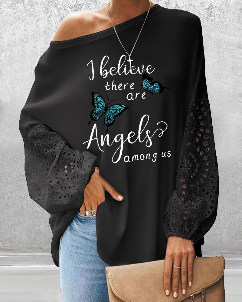 

Letter Butterfly Print Eyelet Embroidery Top, Black