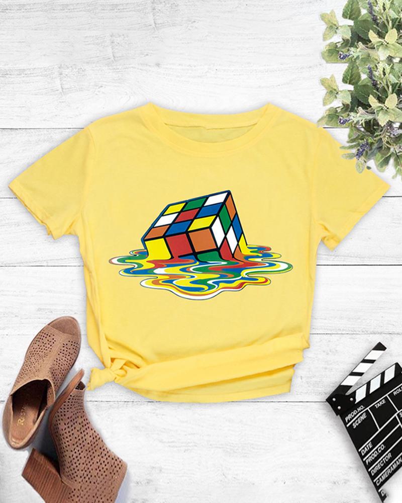 

Cube Print Short Sleeve Casual T-shirt, Yellow