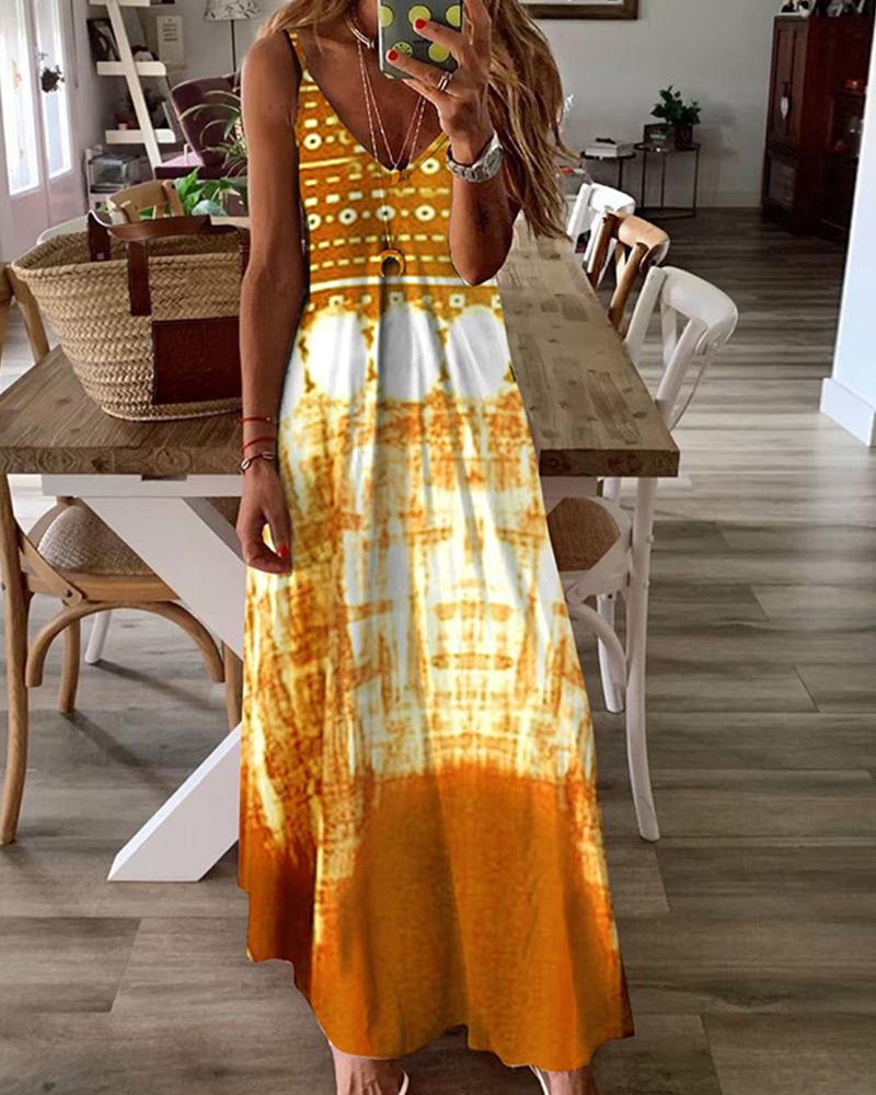 

Retro Patterns Print Strap Loose Long Dress, Yellow