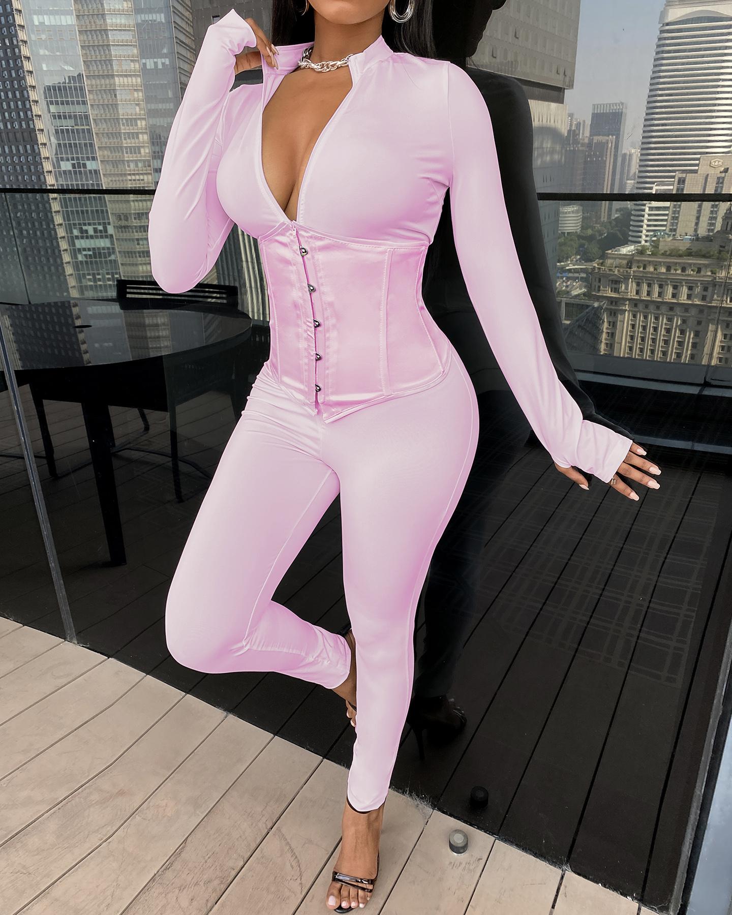 

Plain Fitted Jumpsuit With Eyelet Lace-up Corset, Pink