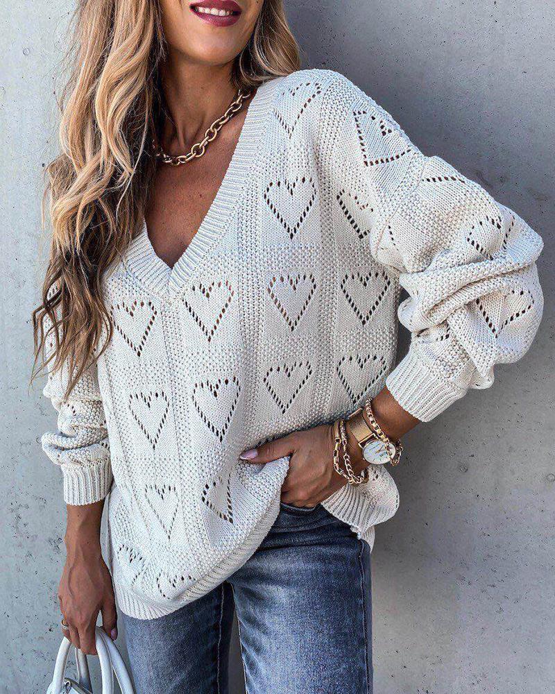 

Heart Hollow Solid Color Long Sleeve Sweater, White