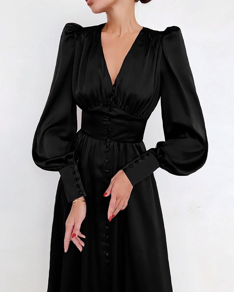 

Lantern Puff Sleeve Button Front Casual Dress, Black