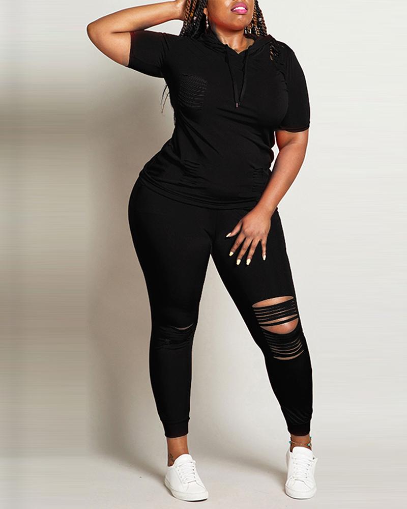 

Ladder Cutout Hooded Short Sleeve Top & Pants Set, Black