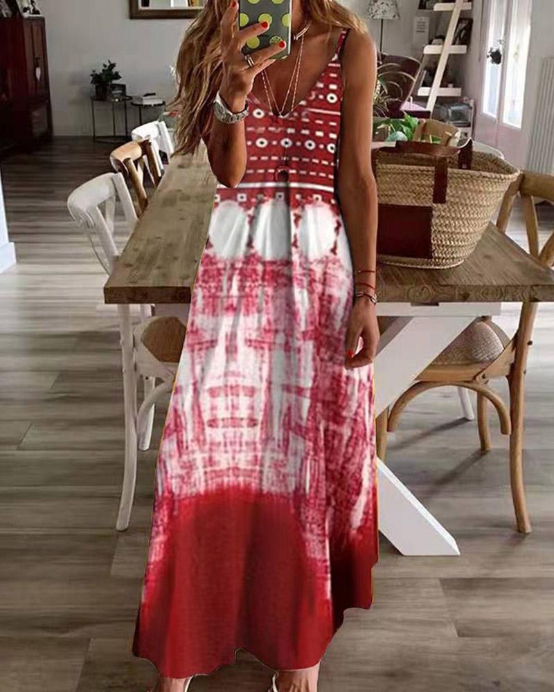 

Tie Dye Sleeveless Strap Loose Long Dress, Red