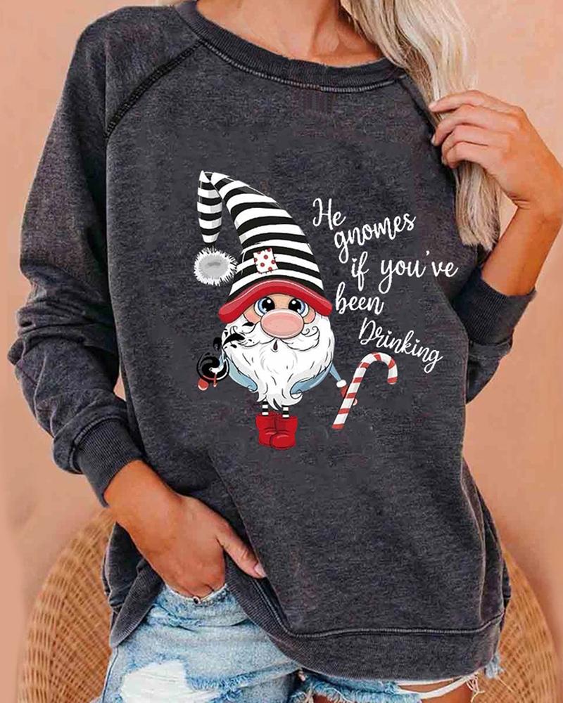 

Christmas Santa Print Long Sleeve Sweatshirt, Gray