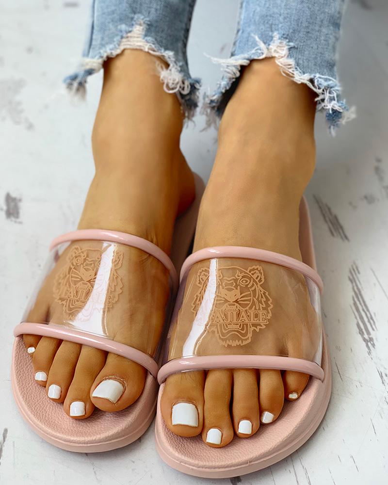 

Tiger Printed Open Toe Slippers, Pink