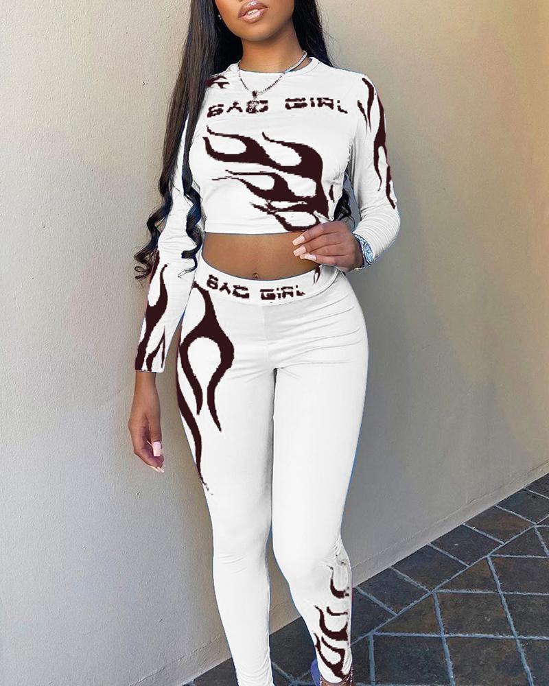 

Graphic Print Crop Top & Pants Set, White