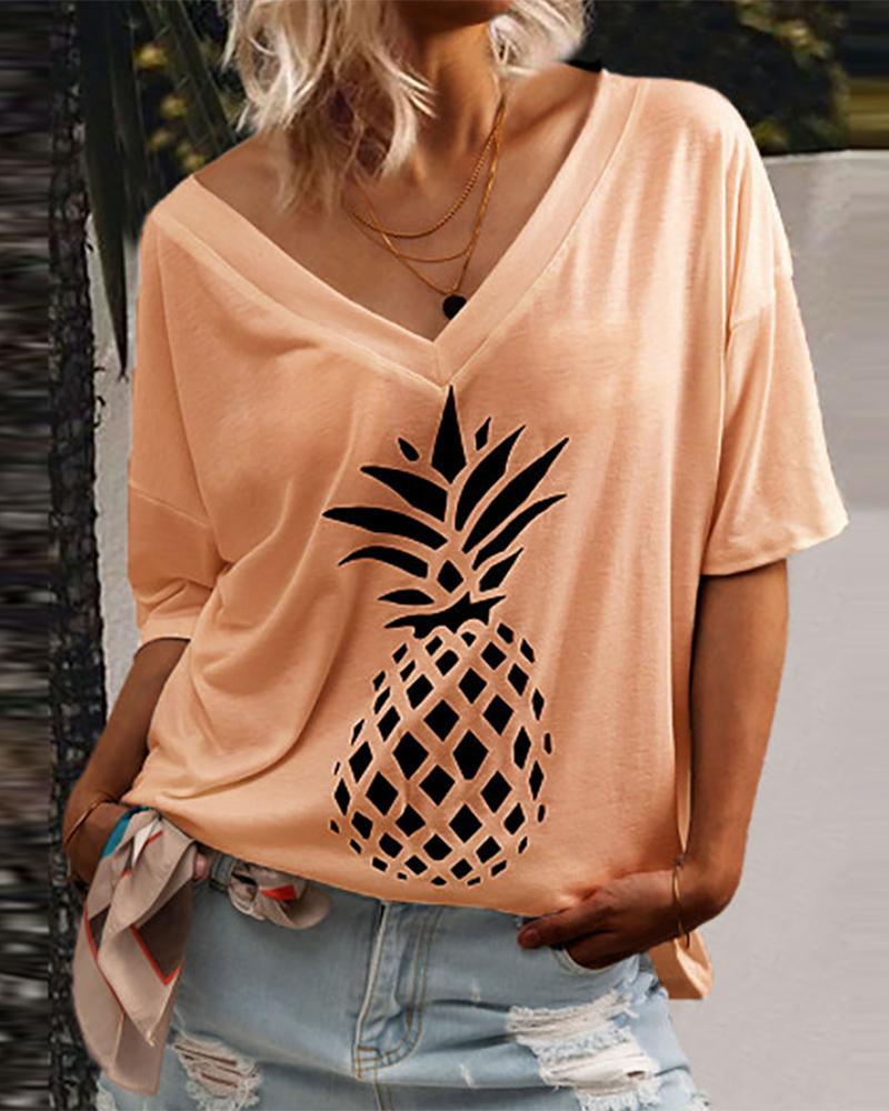 

V Neck Pineapple Print Casual T-shirt, Orange