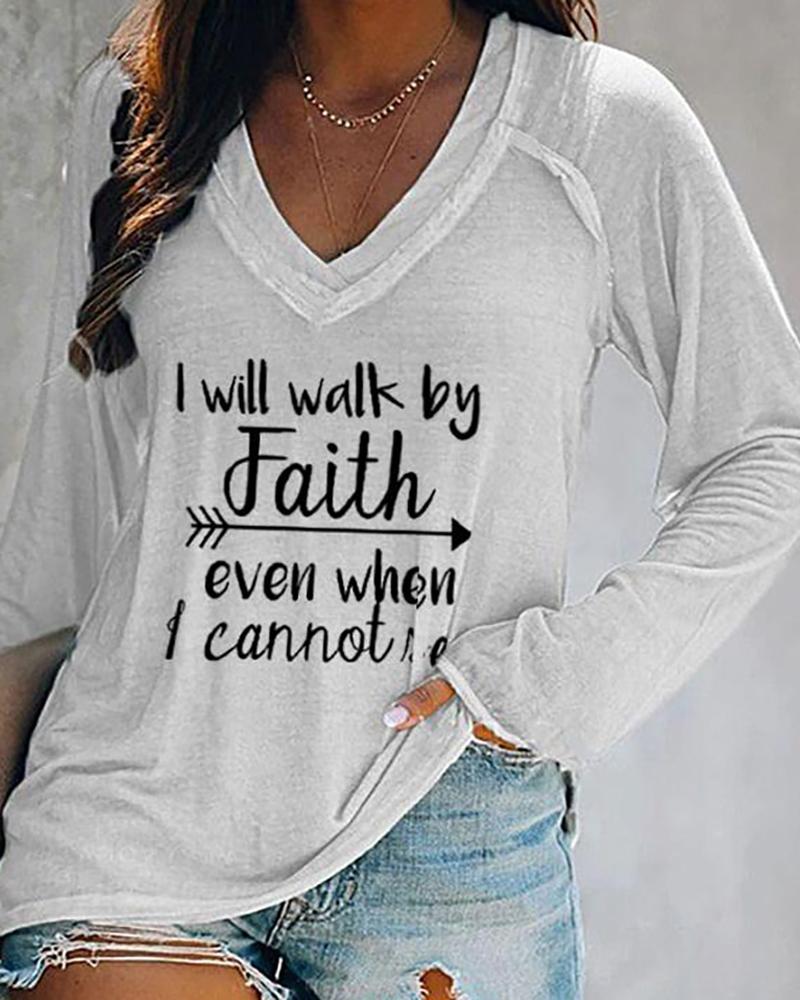 

V-Neck Letter Arrow Print Long Sleeve Casual Top, White