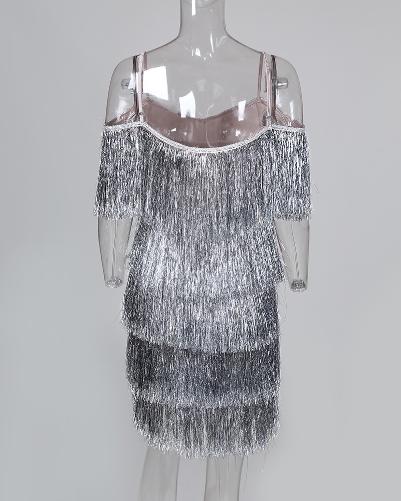 glitter cold shoulder tassel dress
