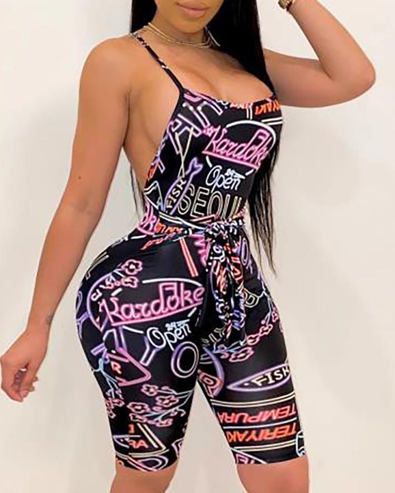 

Letter Print Crisscross Backless Fitted Romper, Black