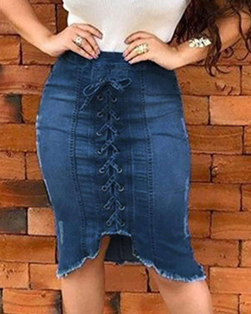 

Denim Eyelet Lace-up Zipper Irregular Skirt, Blue