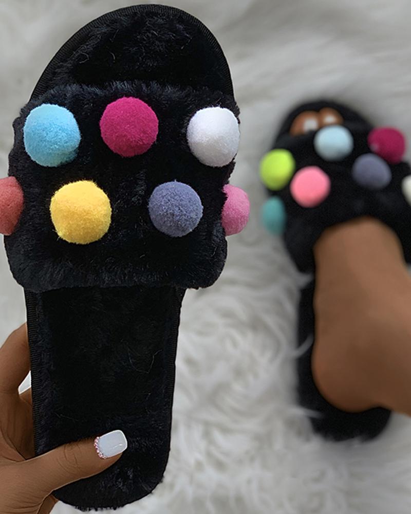 

Pom Pom Colorblock Fluffy Slippers, Black