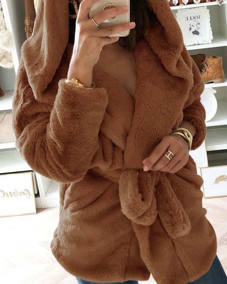 

Solid Fluffy Hooded Belted Casual Coat, Brown