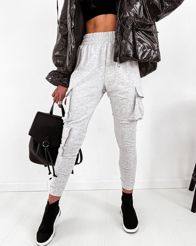

Pocket Design High Waisted Casual Pants, Gray