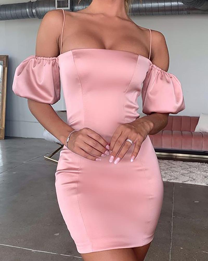 

Cold Shoulder Puff Sleeve Satin Bodycon dress, Pink