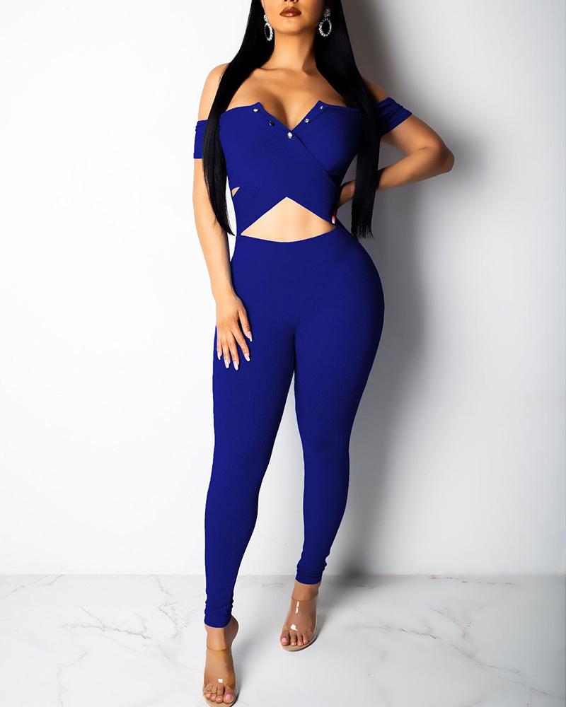 

Cross Over Off Shoulder Cropped Jumpsuit, Blue