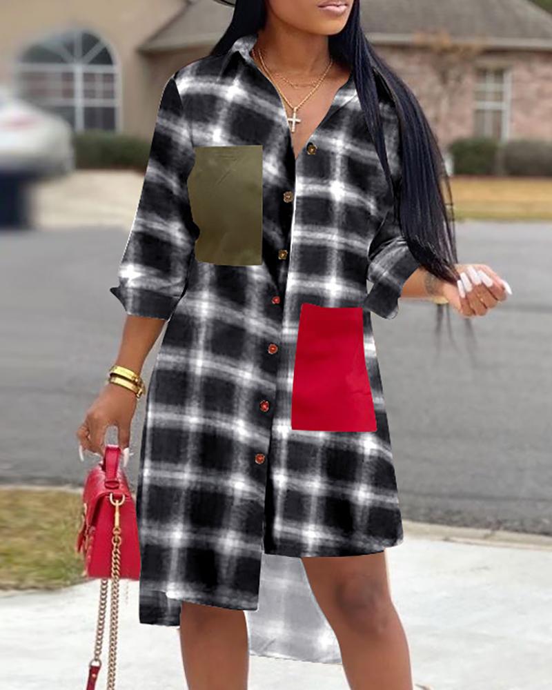 

Grid Irregular Design Shirt Dress, Black