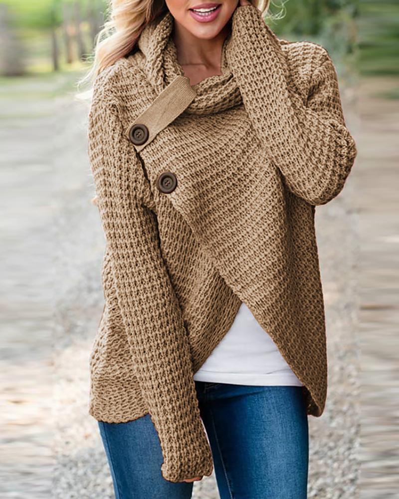 

Solid Long Sleeve Buttoned Casual Sweater, Khaki
