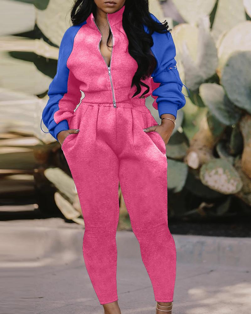

Colorblock Zipper Design Lantern Sleeve Top & Ruched Pants Set, Pink