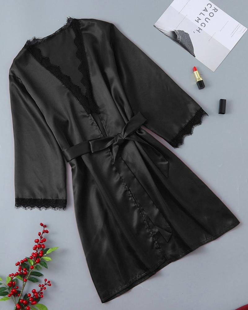 

Lace Trim Long Sleeve Robe, Black