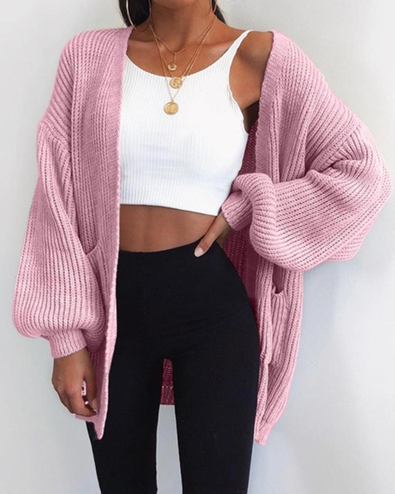 

Solid Long Sleeve Bubble Sleeve Loose Cardigans, Pink