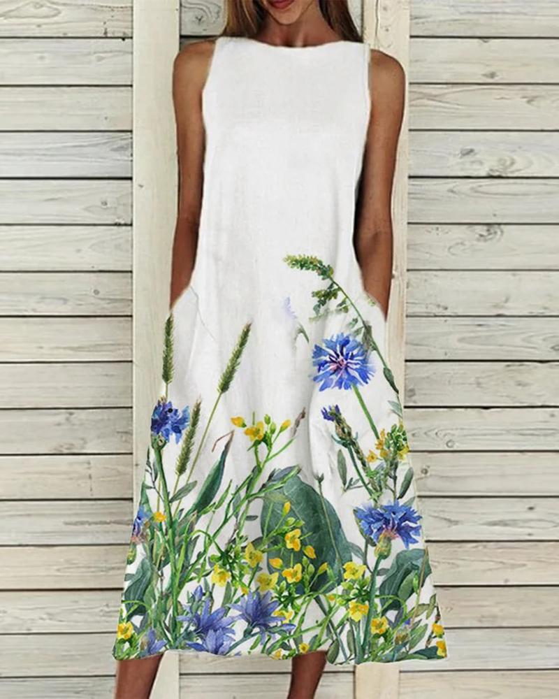 

Floral Print Colorblock Pocket Design Casual Dress, Green