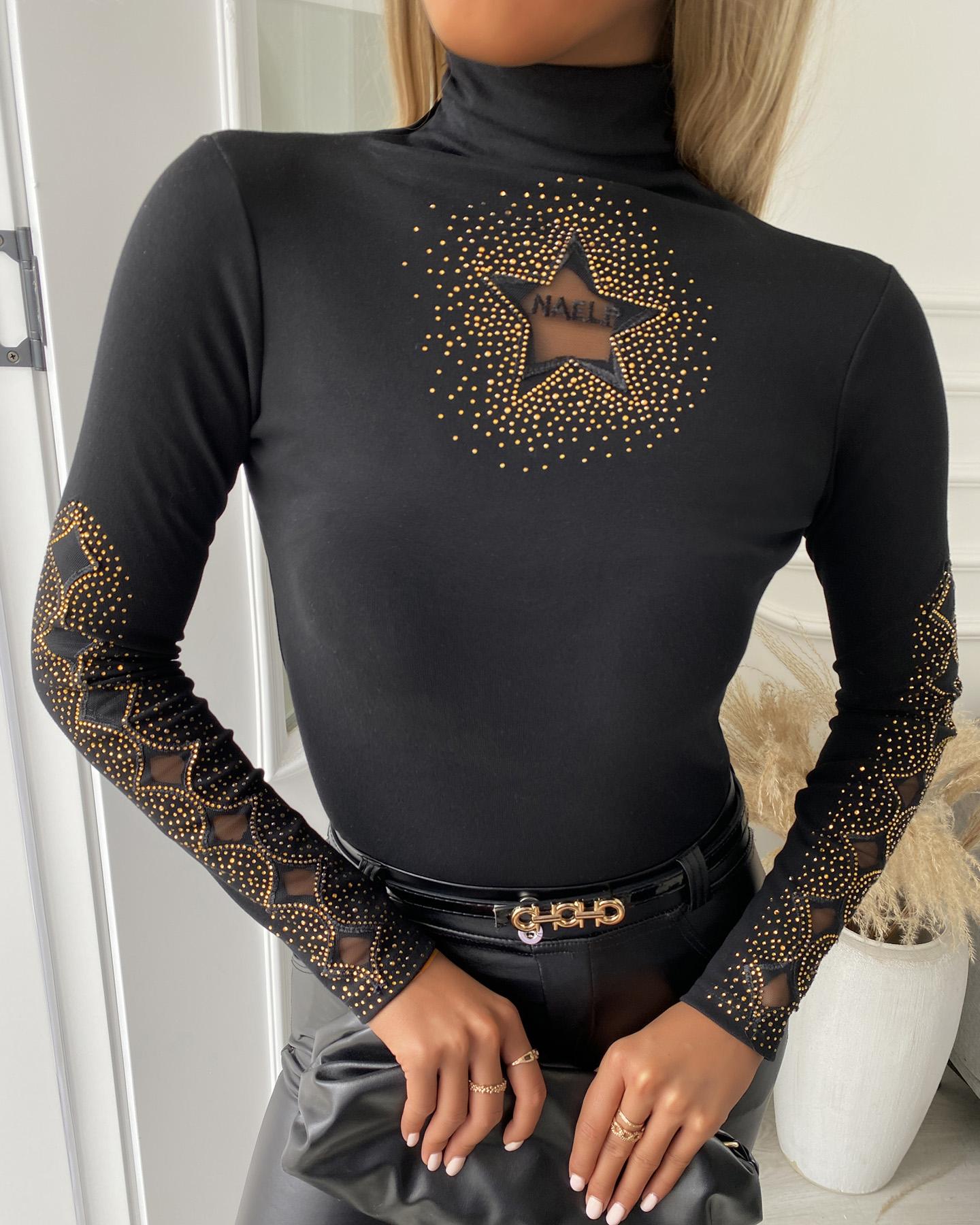 

High Neck Studded Long Sleeve Blouse, Black