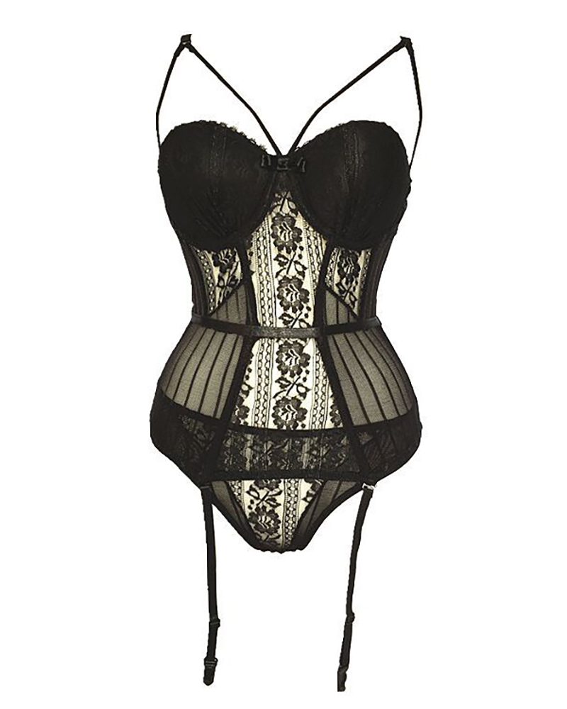 

Crochet Lace Cutout Corset Top, Black