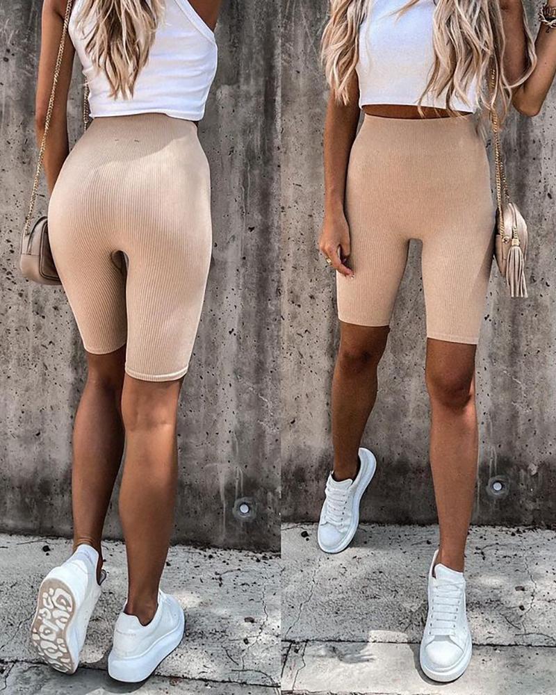 

High Waist Ribbed Sporty Biker Shorts, Apricot