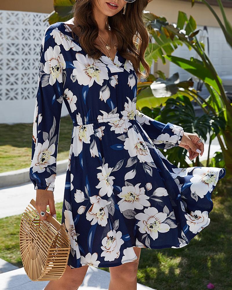 

Floral Print V-neck Long Sleeve Casual Dress, Dark blue