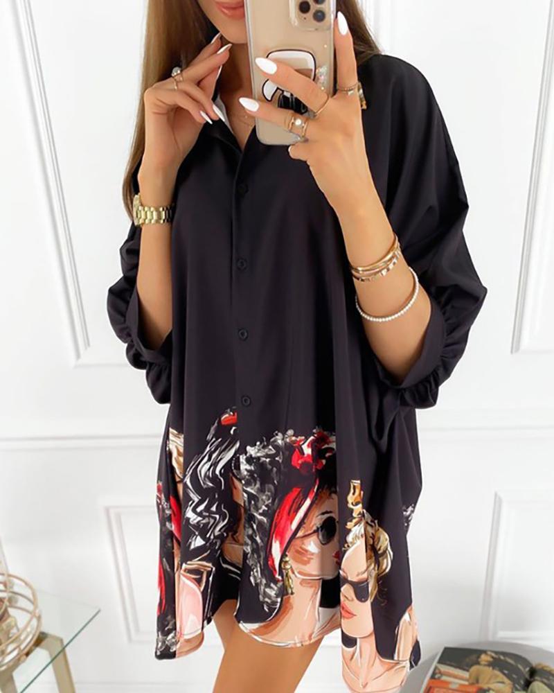 

Figure Print Button Design Half Sleeve Shirt, Black