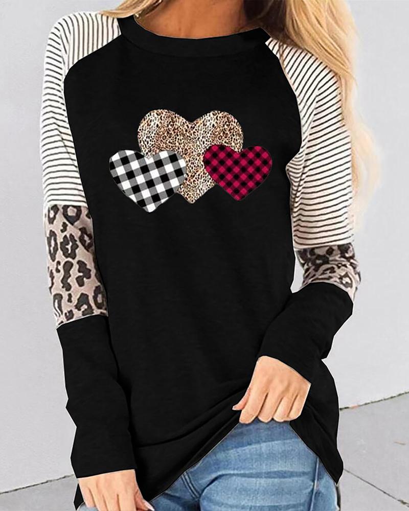 

Heart Print Splicing Striped Leopard Long Sleeve Women Blouse, Black